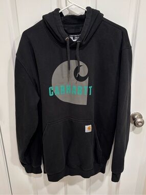 Carhartt Jumbo Logo Black Grey Teal Pullover Sweatshirt Hoodie Mens U.S. Large